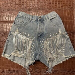Fringe Embellished Denim Shorts